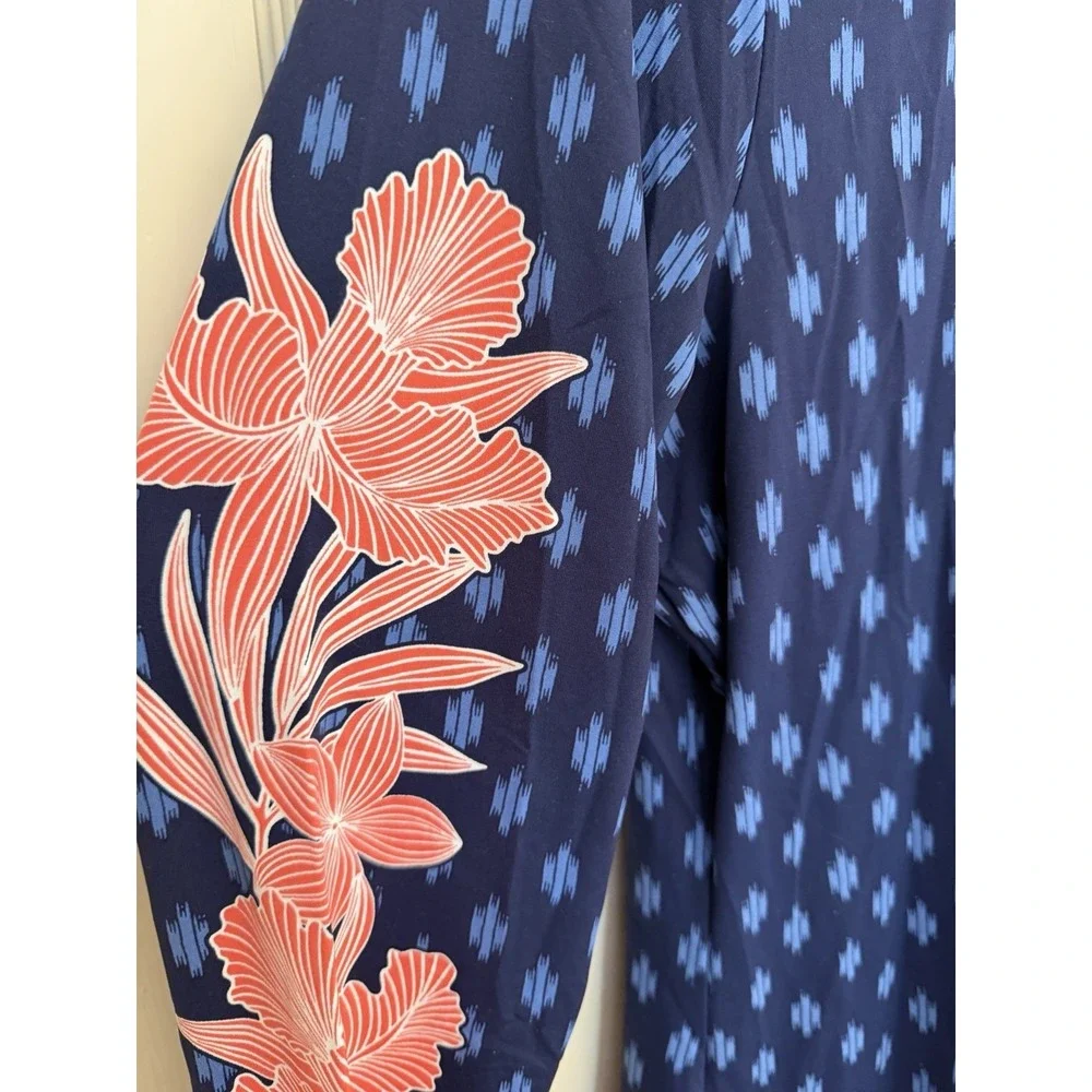 Lands' End Women's Blue Rash Guard Swim‎ Shirt Tropical Floral UPF Active Sz M/L